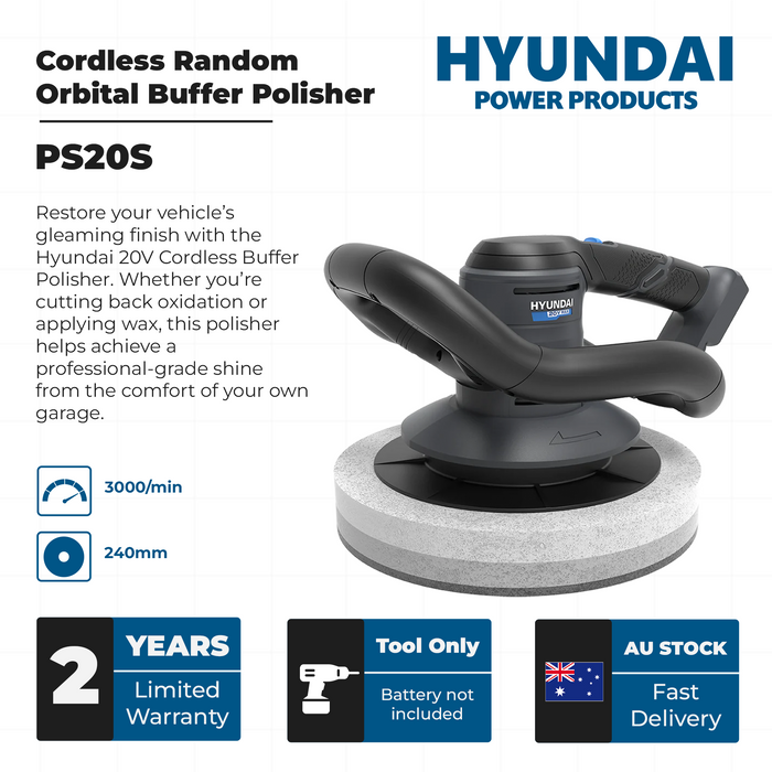Hyundai 20V Cordless Random Orbital Buffer Polisher – 9.5" | Lightweight Design | Brushed Motor – SKIN ONLY (PS20S)