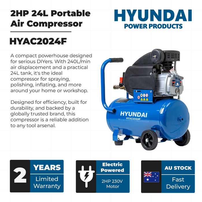 Hyundai 2HP 24L Portable Air Compressor – Direct Drive, Twin Outlet, 7.07CFM, Oil-Lubricated (HYAC2024F)