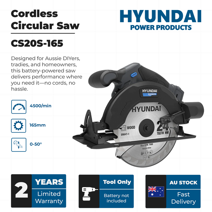 Hyundai 20V Cordless Circular Saw – 165mm Blade, Bevel Cuts, Dust Port – SKIN ONLY (CS20S-165)