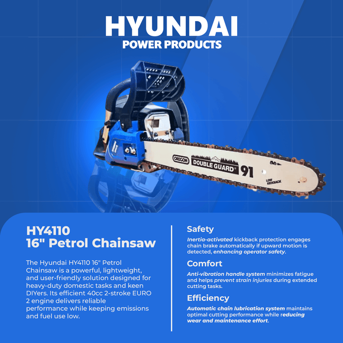 Hyundai 16" Petrol Chainsaw – 40cc 2-Stroke, Oregon Bar, Lightweight, Auto Chain Lube, Anti-Kickback Brake (HY4110)