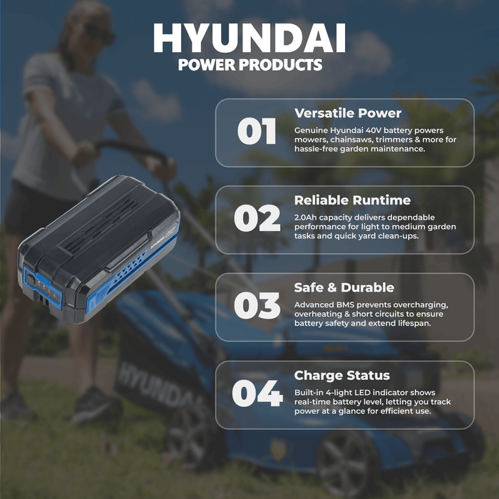 Hyundai 40V Lithium 2Ah Battery – Rechargeable Power Pack for Hyundai Garden Tools (HY40B2)