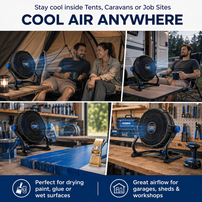 Hyundai 20V Cordless Camping & Job Site Fan Kit – 360° Adjustable Airflow, Dual Speed Cooling for Camping, Workshop & Garage