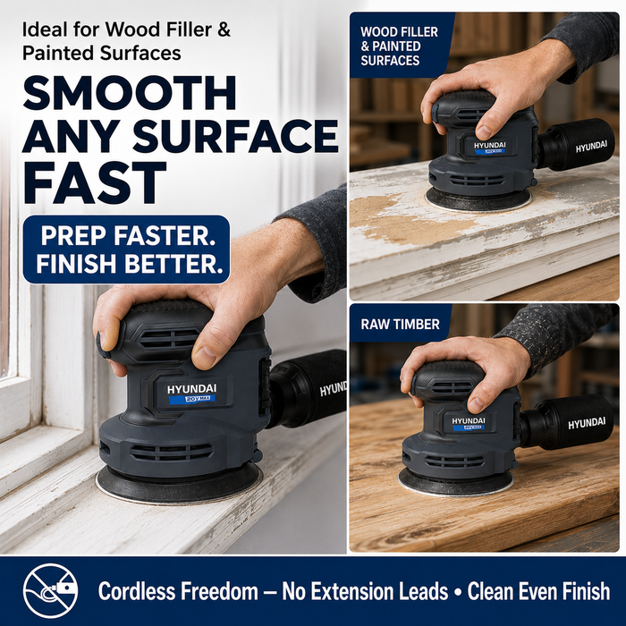 Hyundai 20V Cordless Orbital Sander Kit – 125mm Variable Speed + 2.0Ah Battery & Fast Charger - Wood Sanding, Paint Prep & DIY Renovation
