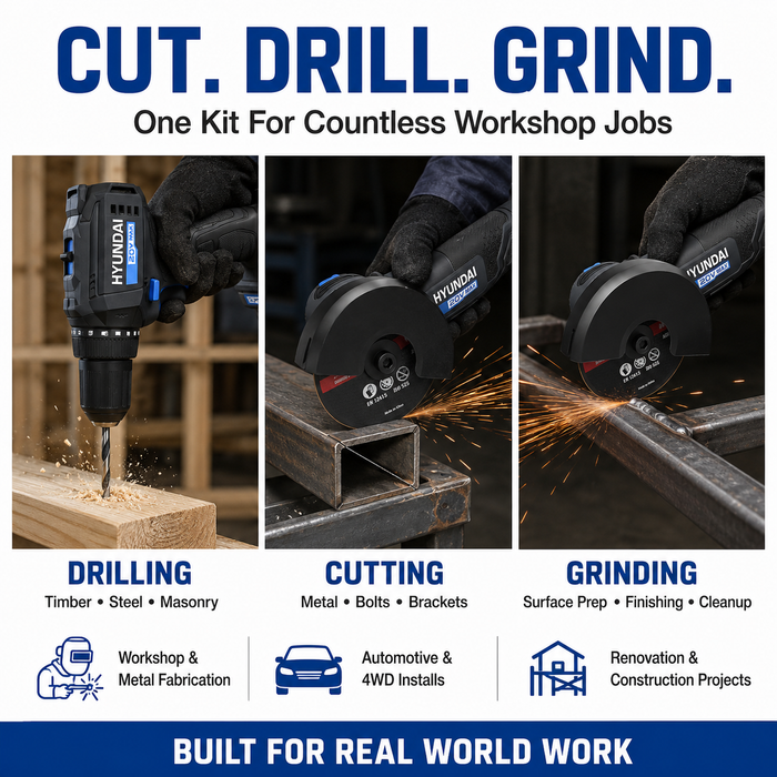 Hyundai 20V Drill & Grind Workshop Combo Kit - Brushless Hammer Drill & Angle Grinder + 2.0Ah & 4.0Ah Batteries and Charger - Metalworking / Workshop Kit