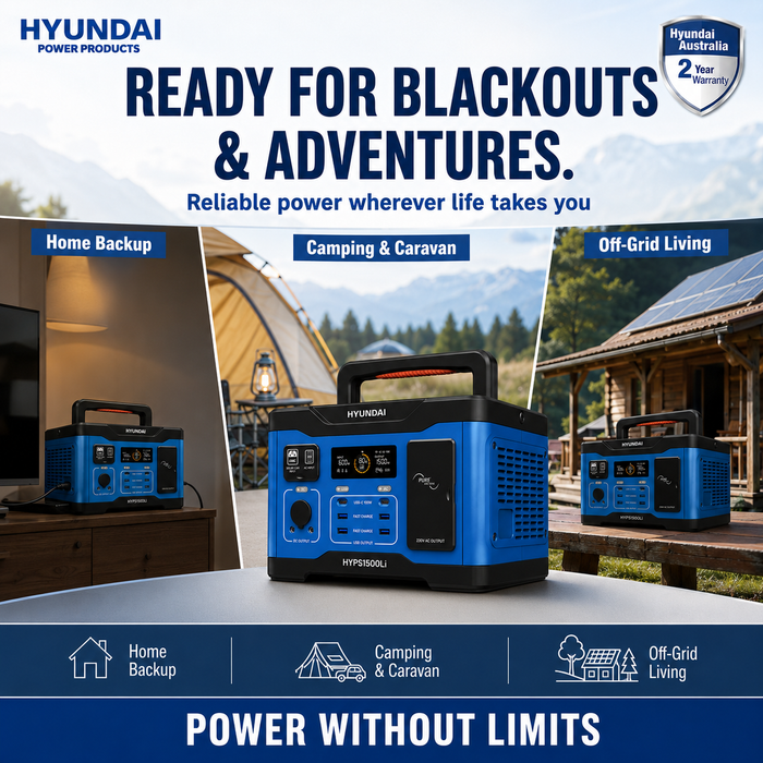 Hyundai 1500W Lithium Power Station – 1152Wh, LiFePO4, Solar/Car/USB Charging