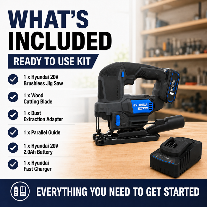 Hyundai 20V Brushless Jig Saw Kit – Adjustable Base, 4-Stage Pendulum, LED, Variable Speed + 20V 2Ah Lithium-Ion Battery & Charger Kit