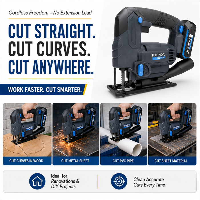 Hyundai 20V Cordless Jig Saw Kit – Battery & Fast Charger Included, 2500 SPM Power Saw, Cuts Wood Plastic & Steel, DIY Renovation Cutting Tool