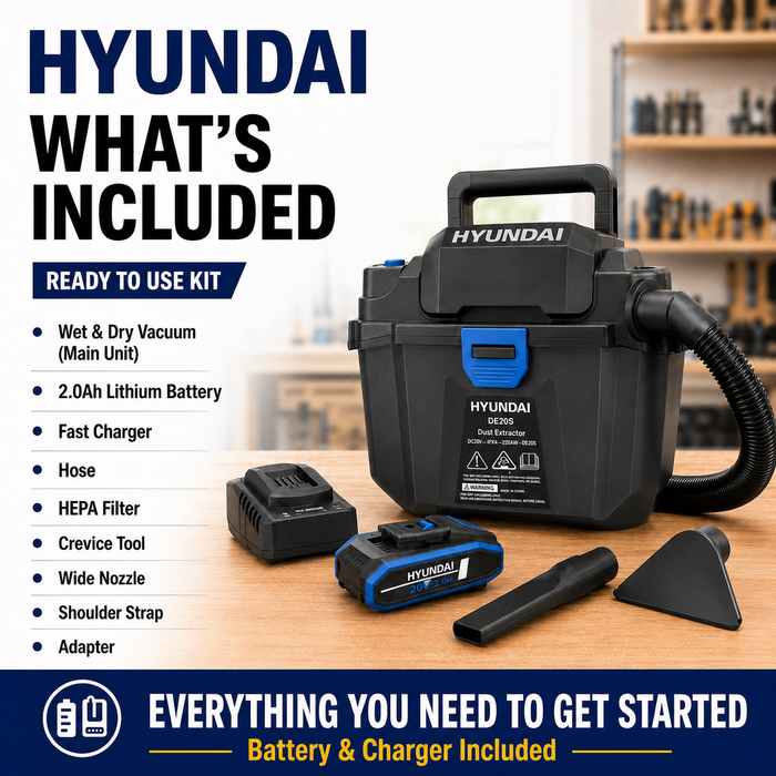 Hyundai 20V Wet & Dry Vacuum Kit – 10L Powerful Suction Car, Garage & Workshop Cleaning