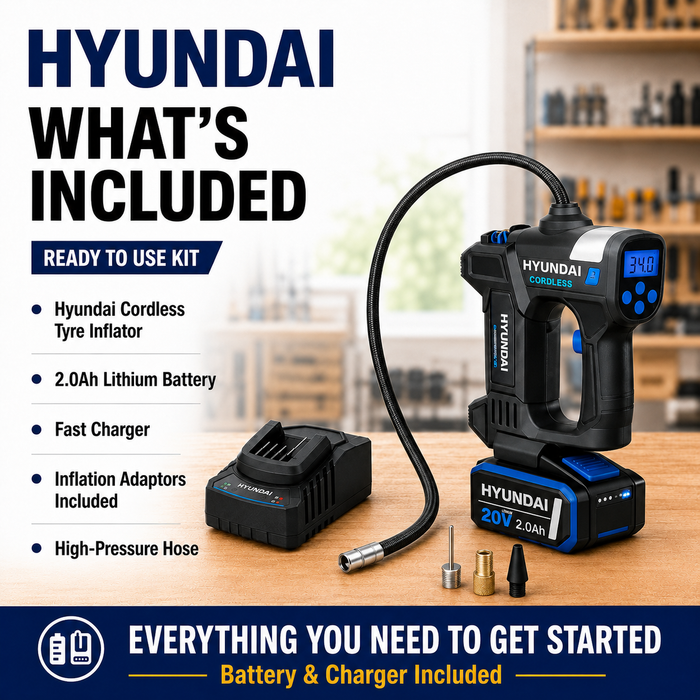 Hyundai 20V Cordless Tyre Inflator Kit – 150 PSI Digital Air Compressor, 2.0Ah Battery &amp; Fast Charger Included – Portable Car, Bike &amp; Camping Inflator