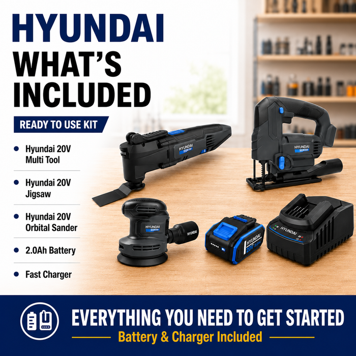 Hyundai 20V Renovation Kit – Multi Tool, Jigsaw, Orbital Sander, 2.0Ah Battery & Fast Charger – Complete Home Renovation Kit