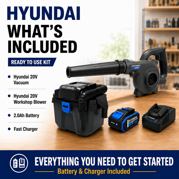 Hyundai 20V Outdoor Cleaning Kit – Workshop Blower, Vacuum, 2.0Ah Battery & Fast Charger – Cordless Garage & Workshop Cleaning Kit