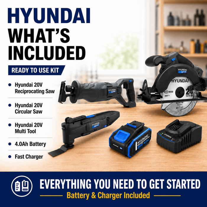 Hyundai 20V Cutting Kit – Circular Saw, Reciprocating Saw, Multi Tool, 4.0Ah Battery & Fast Charger – Complete Cordless Cutting Kit