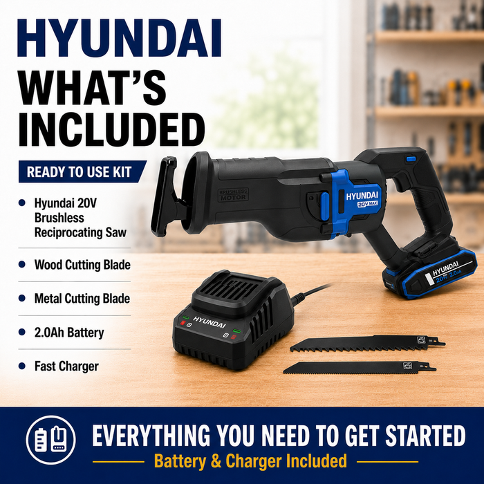 Hyundai 20V Brushless Reciprocating Saw Kit – 300mm Cutting Capacity, 2.0Ah Battery & Fast Charger Included – Cordless Demolition & Pruning Saw