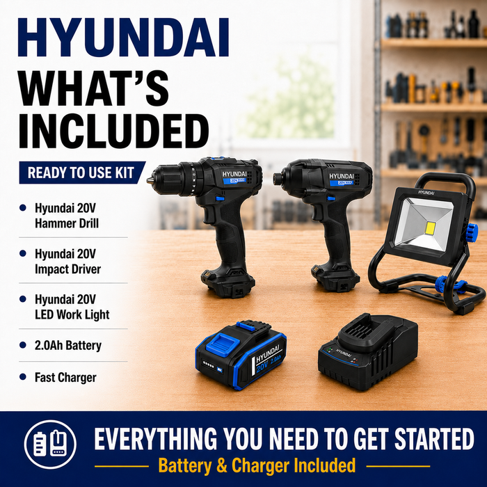 Hyundai 20V Trade Apprentice Kit – Hammer Drill, Impact Driver, LED Work Light, 2.0Ah Battery & Fast Charger – Complete Cordless Starter Kit