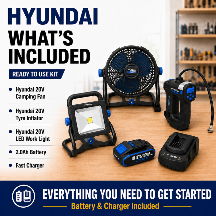Hyundai 20V Outdoor Power Kit – Fan, LED Work Light, Tyre Inflator, 2.0Ah Battery & Fast Charger – Portable Outdoor Power Kit