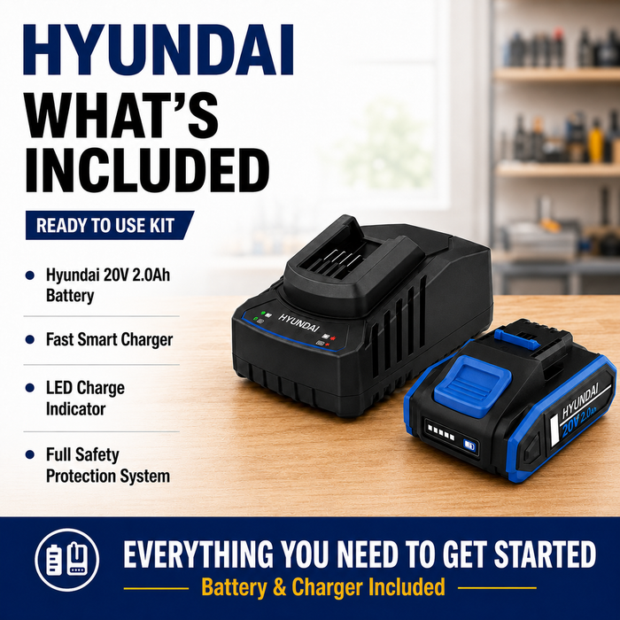 Hyundai 20V 2Ah Lithium-Ion Battery & Charger Kit – for Hyundai 20V Cordless Power Tools - Fast Charging, Compact, Reliable