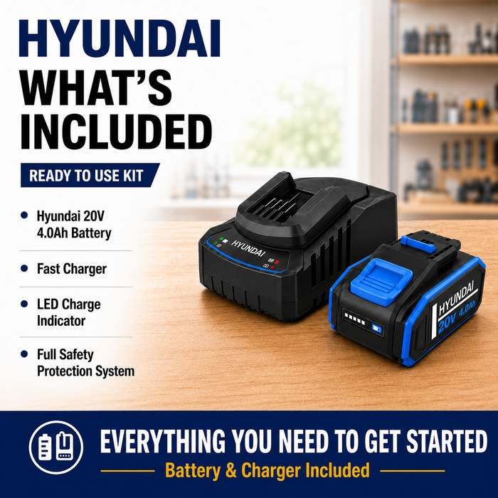 Hyundai 20V 4Ah Lithium-Ion Battery & Charger Kit – for Hyundai 20V Cordless Power Tools - Fast Charging, Compact, Reliable