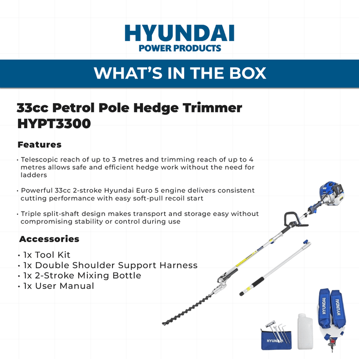 Hyundai 33cc Petrol Pole Hedge Trimmer – 3m Reach, Dual Blade, Pivot Head (HYPT3300)