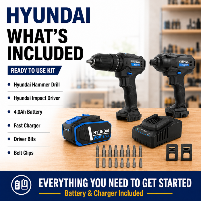 Hyundai 20V DIY & Fastening Combo Kit - Hammer Drill & Impact Driver + 4Amp Battery and Charger - Home Improvement Combo Kit