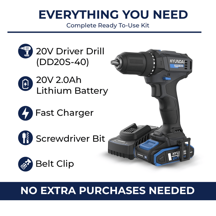 Hyundai 20V 40Nm Cordless Drill Driver, 2Ah Battery and Charger, 2-Speed, LED Light, 13 mm Chuck
