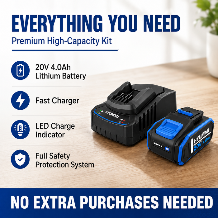 Hyundai 20V 4Ah Lithium-Ion Battery & Charger Kit – for Hyundai 20V Cordless Power Tools - Fast Charging, Compact, Reliable