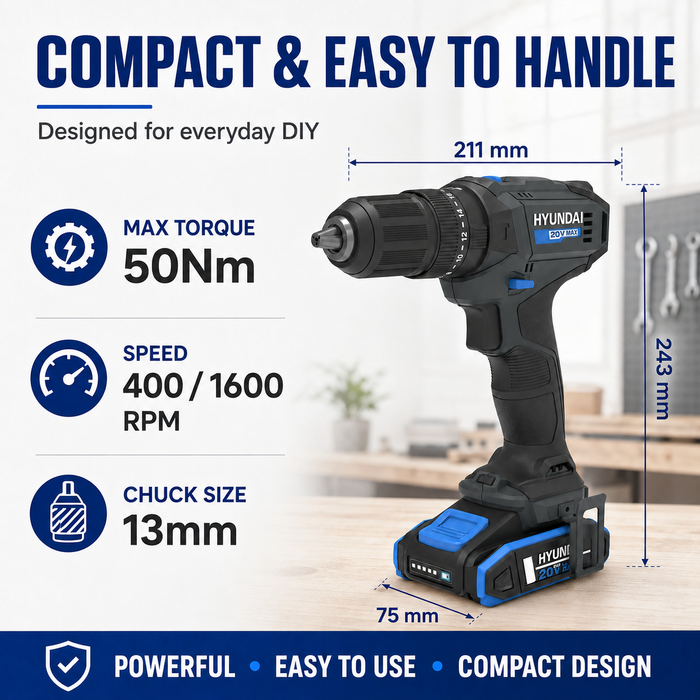 Hyundai 20V Hammer Drill Complete Kit - Hammer Drill + 75 Accessories, 2Ah Battery, Charger & Carry Case - Homeowner's Starter Kit
