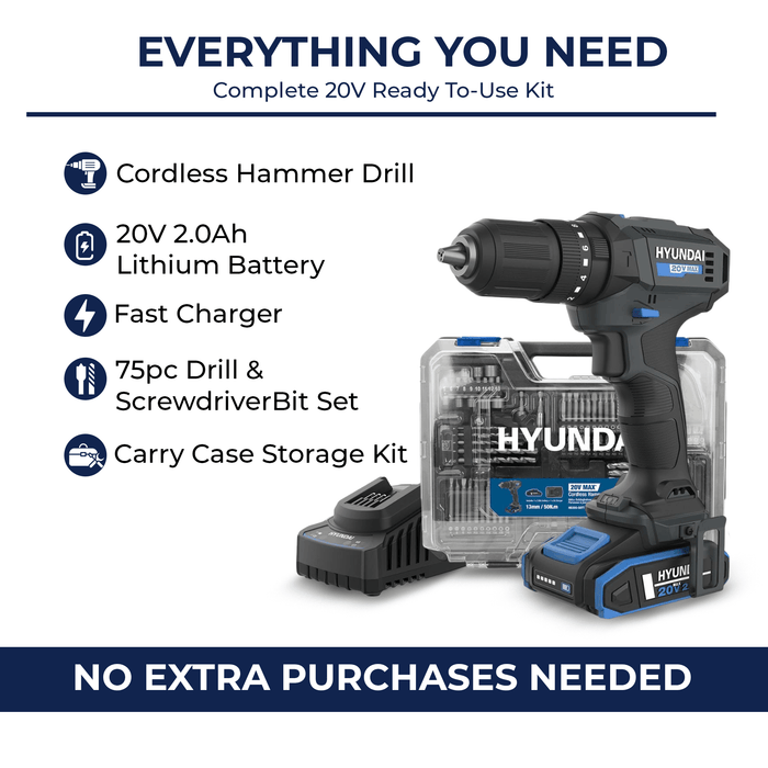 Hyundai 20V Cordless Hammer Drill 50Nm – Complete 75-Piece DIY Tool Kit with Battery, Charger & Case | Hammer Drill Driver Australia