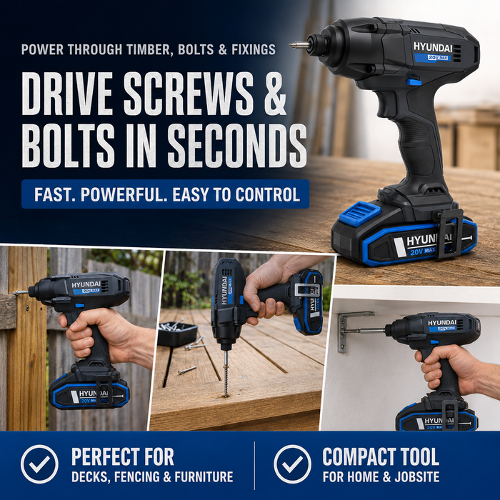 Hyundai 20V Cordless Impact Driver – 180Nm Torque, 3000ipm, LED Light, Variable Speed - Skin Only