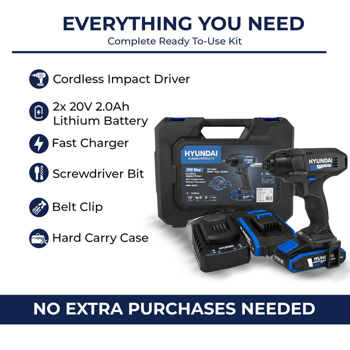 Hyundai 20V Cordless Impact Driver Kit – 180Nm Torque, LED, 2 x 2Ah Battery, 1 x Charger, 1 x Hard Case