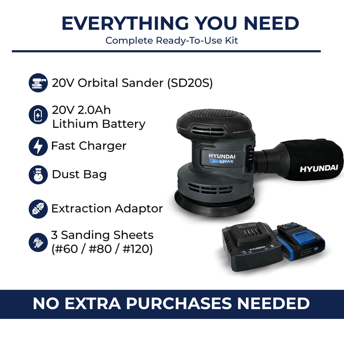 Hyundai 20V Cordless ORBITAL SANDER KIT– 125mm Variable Speed + 2.0Ah Battery & Fast Charger - Wood Sanding, Paint Prep & DIY Renovation