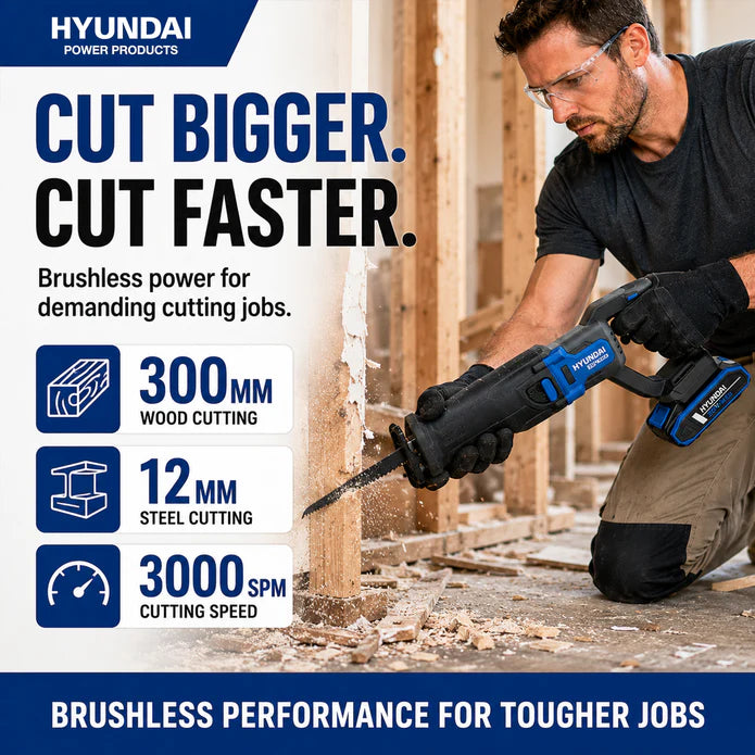 Hyundai 20V Brushless Reciprocating Saw – 300mm Cut, Tool-Free Blade Change - Skin Only