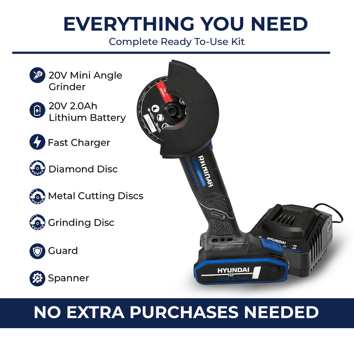 Hyundai 20V Cordless Angle Grinder Kit – Cut Metal, Tile & Bolts Anywhere | Includes 2.0Ah Battery + Charger