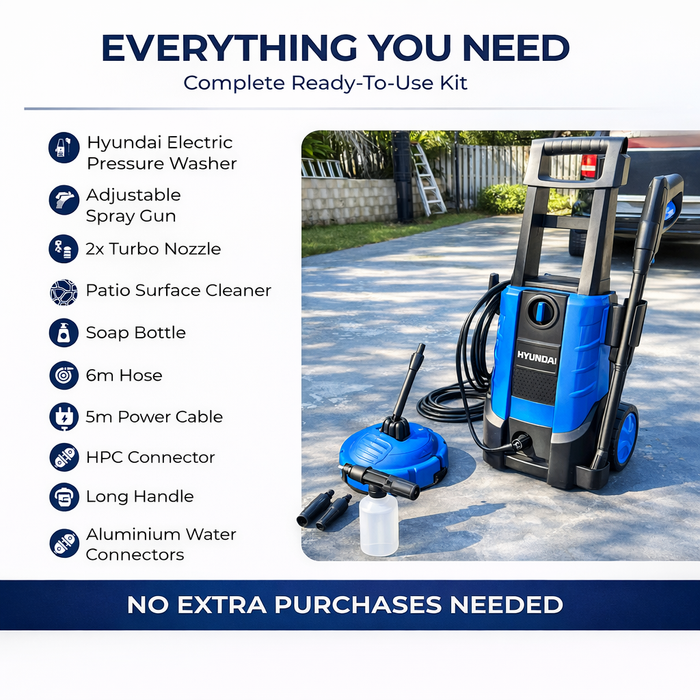 Hyundai 1958 PSI Electric Pressure Washer – 1800W Power Cleaner for Cars, Driveways & Patios, Turbo Nozzles + Patio Cleaner Kit