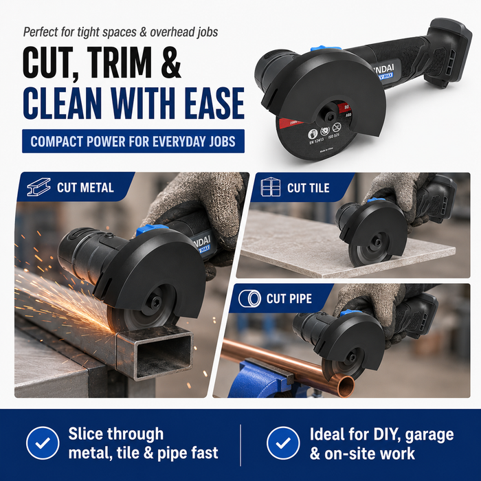 Hyundai 20V Mini Angle Grinder – 19500rpm, 76mm Disc, Tool-Free Guard - Skin Only