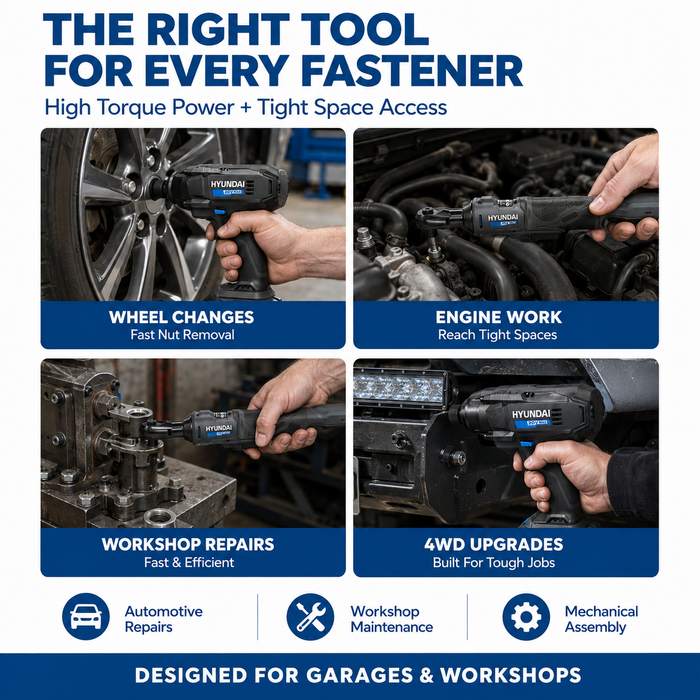 Hyundai 20V Fastening & Assembly Kit - Impact Driver & Ratchet Wrench + 4Amp Battery and Charger - Automotive Fastening Kit