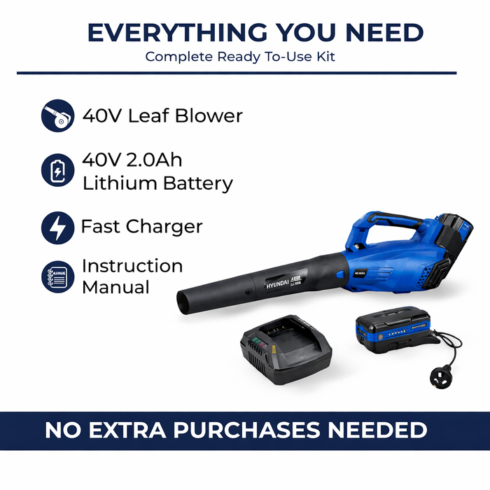 Hyundai 40V CORDLESS LEAF BLOWER KIT – 212km/h Power, Battery & Charger Included – Garden, Patio, Driveway & Gutter Cleanup - FULL KIT (HYB40LI/HY40B2/HY40C2)