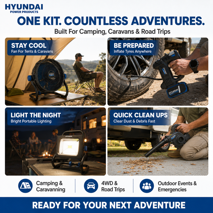 Hyundai 20V Outdoor Adventure Kit - Tyre Inflator, Blower, Fan & LED Work Light + 4Amp Battery and Charger - Outdoor Adventure Kit