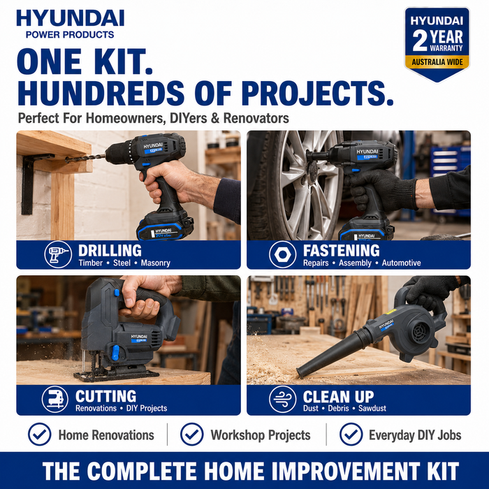 Hyundai 20V Ultimate DIY Combo Kit - Hammer Drill, Impact Driver, Jig Saw & Blower + 1 x 2Amp Battery and Charger = Home Renovation Kit