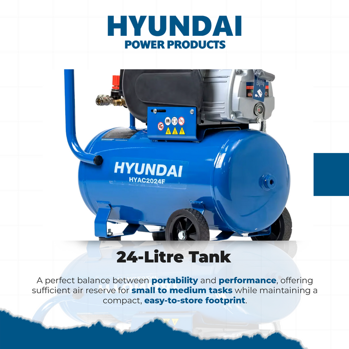 Hyundai 2HP 24L Portable Air Compressor – Direct Drive, Twin Outlet, 7.07CFM, Oil-Lubricated (HYAC2024F)