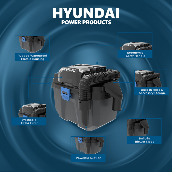 Hyundai 20V Cordless Wet & Dry Vacuum Blower – 10L Tank, HEPA, Compact Toolbox Design – SKIN ONLY (DE20S)