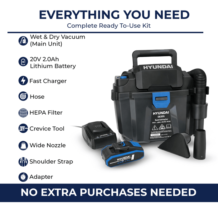Hyundai 20V Wet & Dry Vacuum Kit – 10L Powerful Suction Car, Garage & Workshop Cleaning