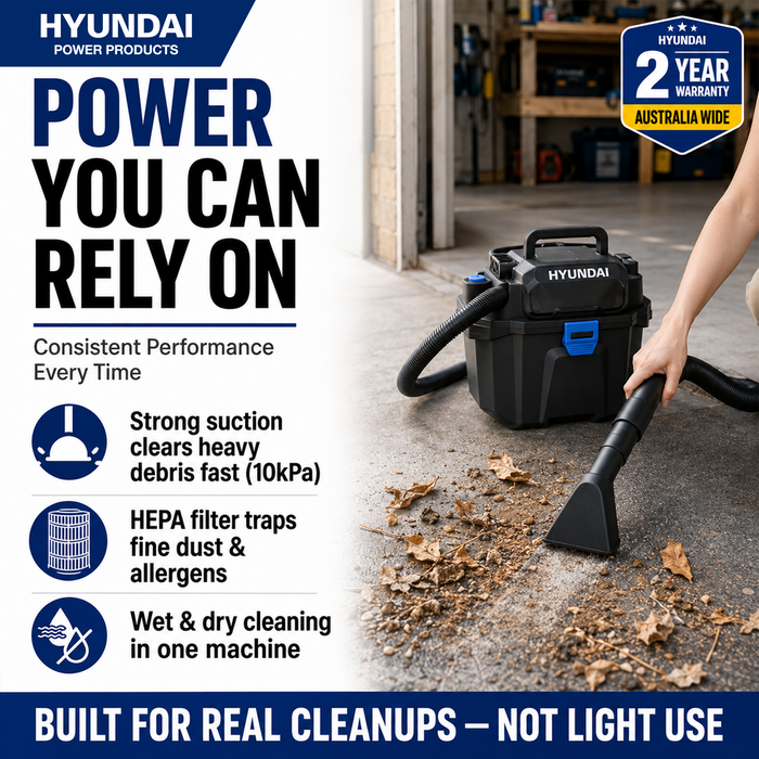 Hyundai 20V Cordless Wet & Dry Vacuum Blower – 10L Tank, HEPA, Compact Toolbox Design – Skin Only