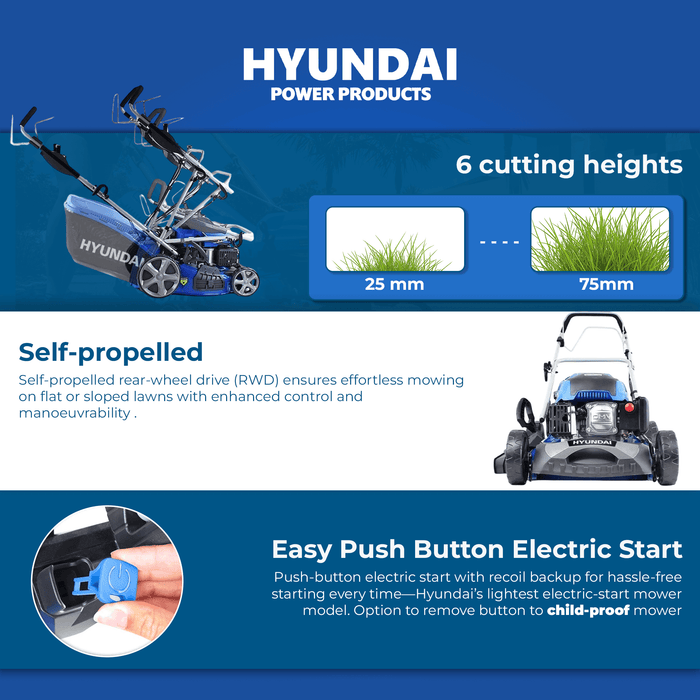 Hyundai 18" Self-Propelled Petrol Lawn Mower – 139cc, Electric Start, 6 Heights, OPC Safety, Hose Connector (HYM460SPE)