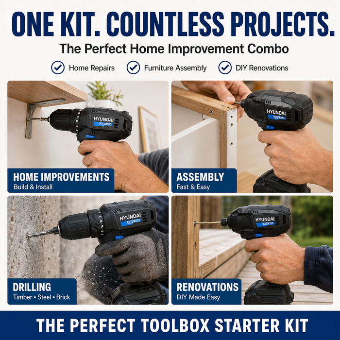 Hyundai 20V DIY & Fastening Combo Kit - Hammer Drill & Impact Driver + 4Amp Battery and Charger - Home Improvement Combo Kit