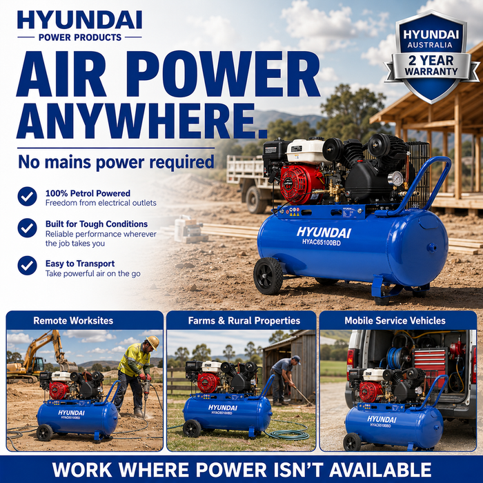 Hyundai 6.5HP Petrol Air Compressor – 100L Tank, 116PSI, Belt Drive, 312L/min, Portable & Heavy-Duty