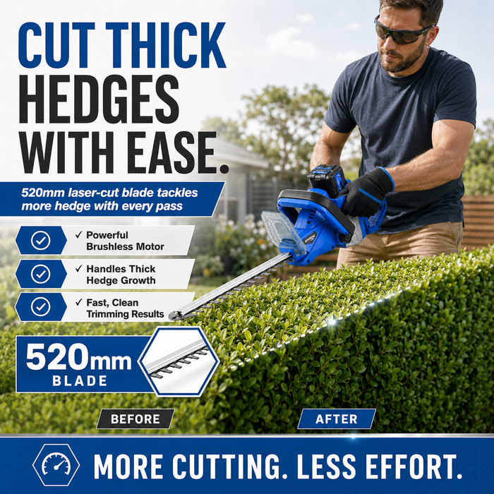 Hyundai 40V Cordless Hedge Trimmer – 520mm Blade, Brushless Motor - Skin Only