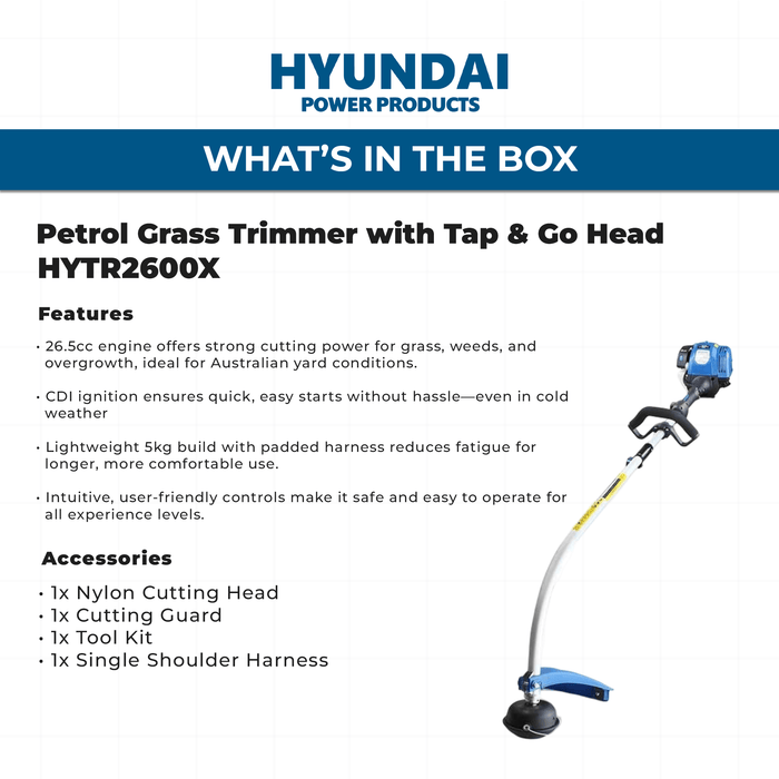 Hyundai 26cc Petrol Grass Trimmer – Lightweight 2-Stroke Line Trimmer with Tap & Go Head (HYTR2600X)