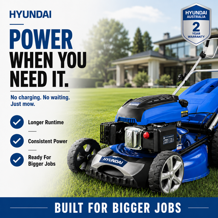 Hyundai 21" Petrol Lawn Mower - Self-Propelled,196cc Engine, Steel Deck, Easy Start, OPC Safety