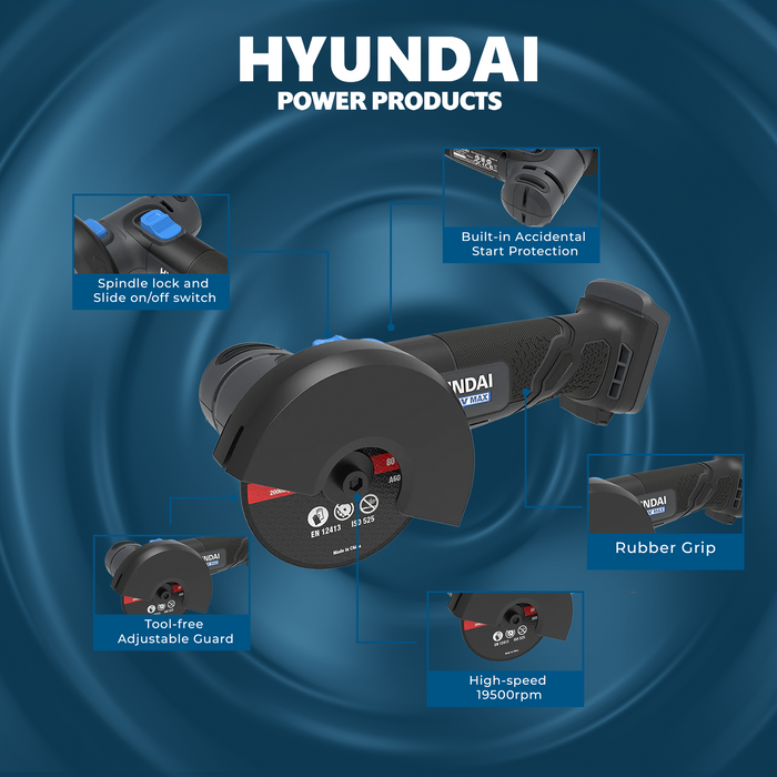 Hyundai 20V Mini Angle Grinder – 19500rpm, 76mm Disc, Tool-Free Guard - SKIN ONLY (AG20S-76)