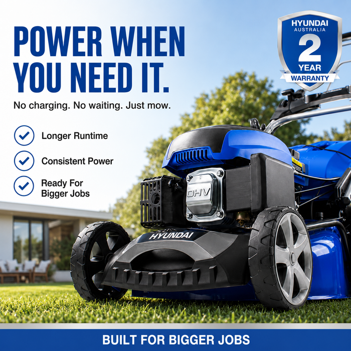 Hyundai 18" Petrol Lawn Mower – Self-Propelled, 139cc, Electric Start, 6 Heights, OPC Safety, Hose Connector